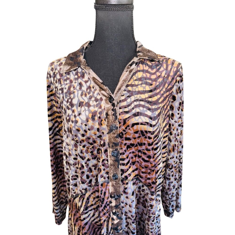 NWT Ali Miles Velour Burnout Mixed Animal Patchwork Print Blouse Artsy Career M - Picture 6 of 13